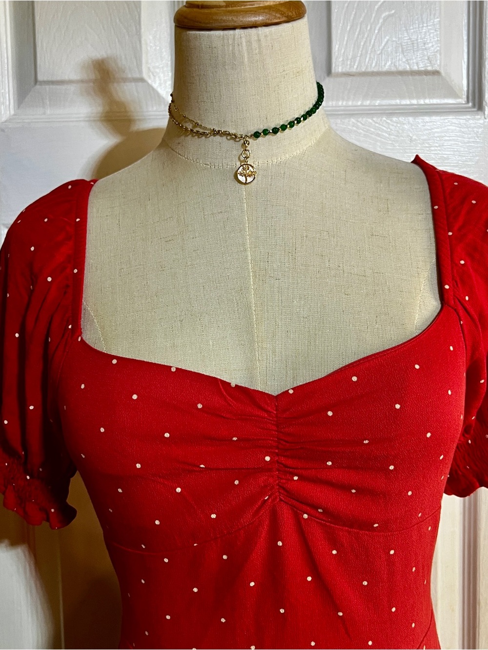 Gap Wms Red White Polka Dot Sweetheart Puff Sleeve Smock Retro Mini Dress XS - Picture 4 of 12